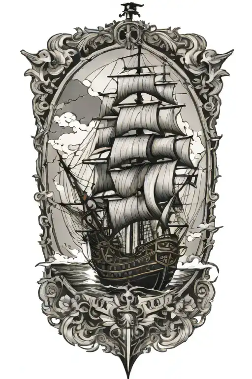 Juxtiposition Of Time And A Pirate Ship At Sea