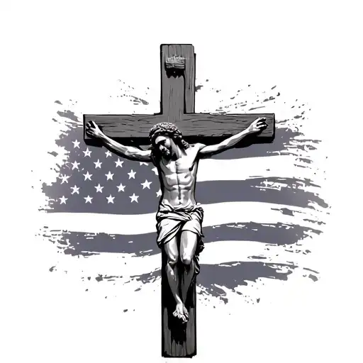 Jesus On A Cross With Faded American Flag In The Background