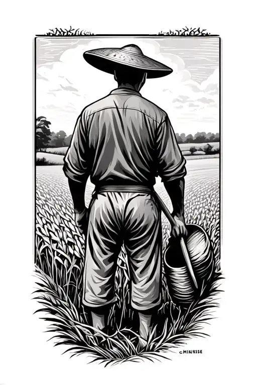 Story Of The Chinese Farmer Working In Field Facing Away