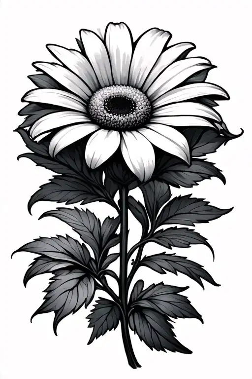 Marguerite With 22 Petals And Leaves Around