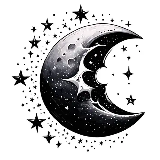 Fine Line Crescent Moon And Stars