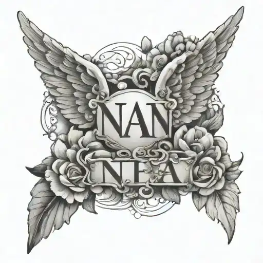 Angel Wings With Freesha Flowers And The Word Nan Intertwined