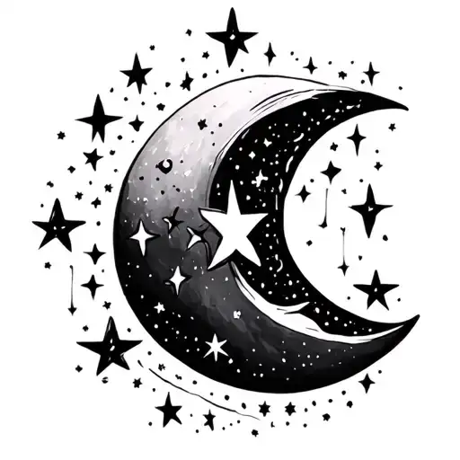 Fine Line Crescent Moon And Stars Outline