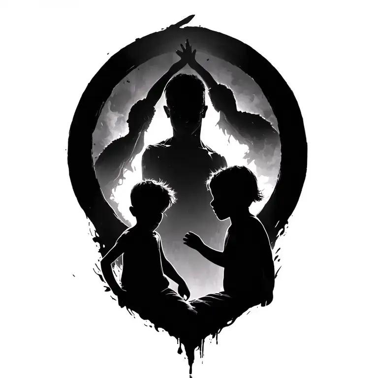 Full Circle Surrounding Three Children And A Father Silhouette