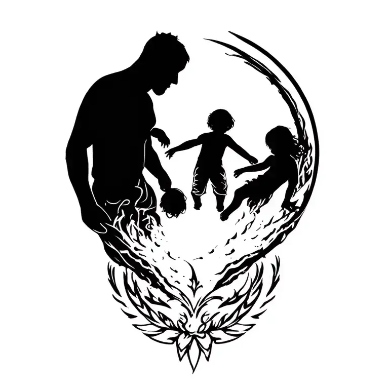 Full Circle Surrounding Three Children And A Father Silhouette