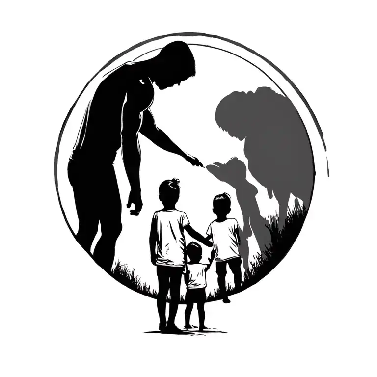 Full Circle Surrounding Three Children And A Father Silhouette