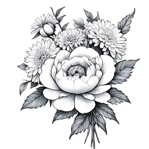 Peony And Chrysanthemum Bouquet Fine Line