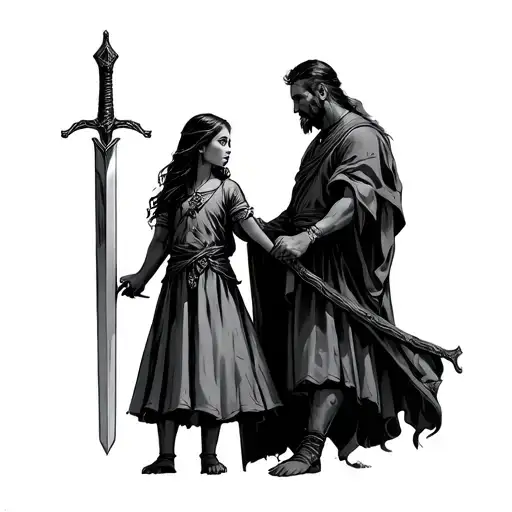 Father And Daughter Holding Sword