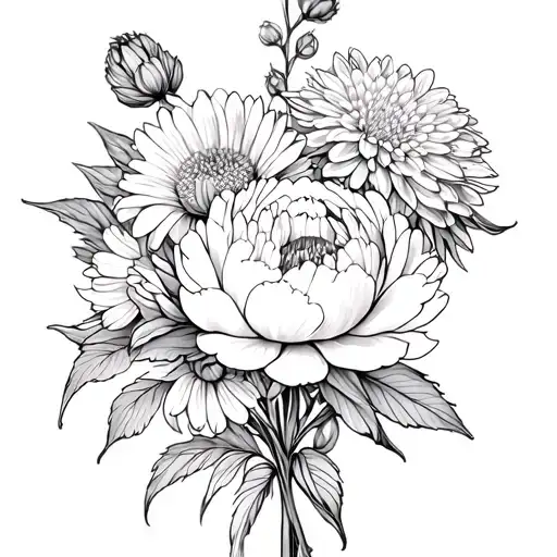 Peony And Chrysanthemum Bouquet Fine Line