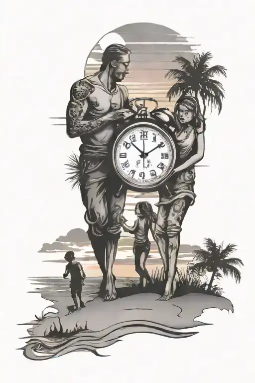 Family Silhouettes On The Beach Sunset With Two Clocks