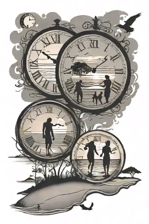 Family Silhouettes On The Beach Sunset With Two Clocks