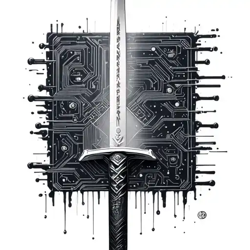 A Katana Sword Where The Hilt Transitions Into A Circuit Board Pattern
