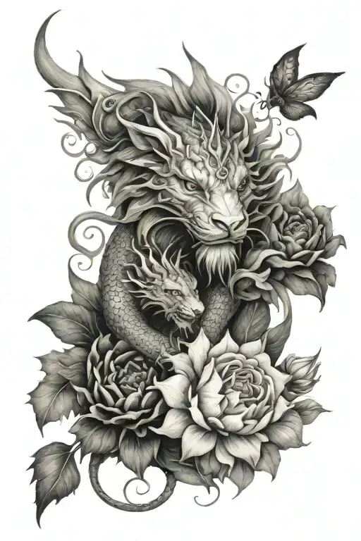 Dragon And Lion Surrounded By Flowers