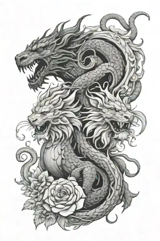 Dragon And Lion Facing Each Other Surrounded By Flowers