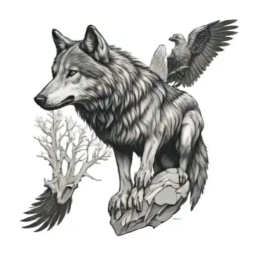 Wolf And Raven Perched