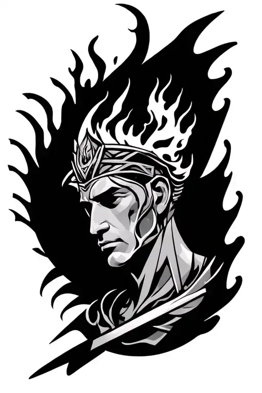 Prometeus Tattoo With Fire And Geometric Simbols In The Background