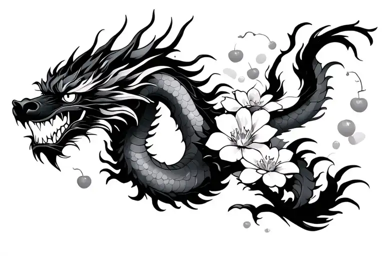 Japanese Dragon With Cherry Flowers