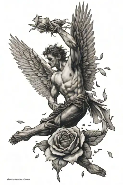 Icarus Falling With Rose Petals Falling Beside Him