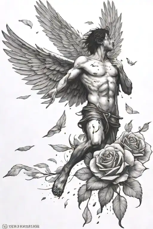 Icarus Falling From The Sky With Dead Rose Petals Falling Beside Him