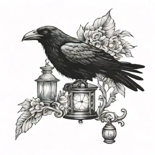 A Crow Sitting On A Lantern With A Pocketwatch In His Beak