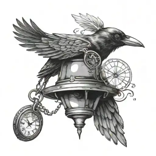 A Crow Perched On A Lantern With A Pocketwatch In His Beak