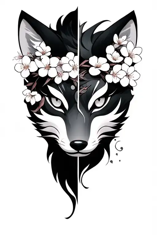 Kitsune Mask Split In Half With Cherry Blossoms
