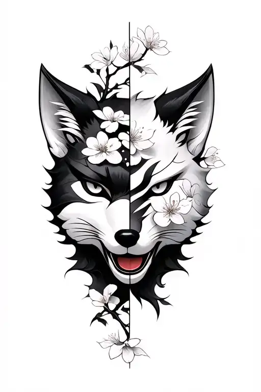 Kitsune Japanese Mask Split In Half With Cherry Blossoms