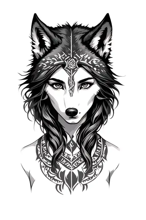 Nordic Woman With Wolve Head Tattoo Design