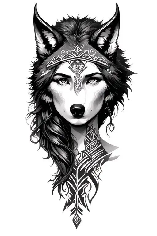 Beautiful Nordic Woman With Wolve Head Tattoo Design