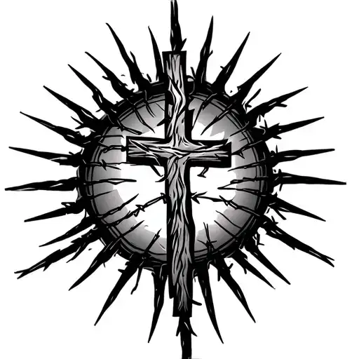 Cross With Barbed Wire And A Sun Behind It With The Beams Shaded And Style The Inside Of The Sun