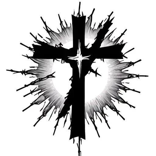 Cross With Barbed Wire And A Sun Behind It With The Beams Shaded And Style The Inside Of The Sun