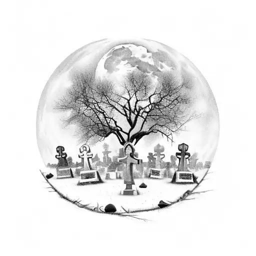 A Detailed Landscape Of A Creepy Graveyard With Tombstones And A Full Moon