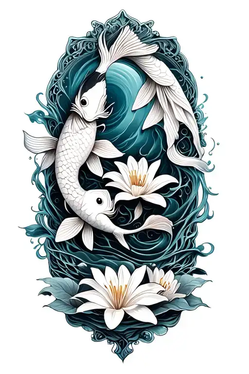 Filigree Design With Water Waves And Lilys With Two Koi Fish