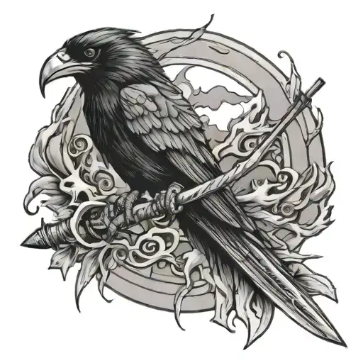 Katana Tattoo With Raven And Lightning On Arm