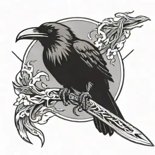 Katana With A Raven And Lightning On The Hand