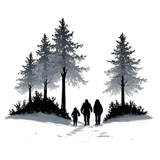 Family Of 4 Silouhette Winter Forest Scene