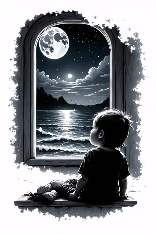 Orion Moon Window Child Looking Out Window Ocean Night Time