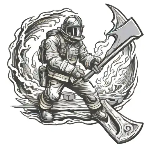 Fireman With An Axe Cutting A Path To Life In The Apparatus Amidst The Fire