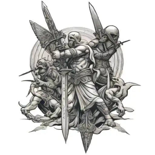 Outer Forearm Egyptian Style Sword Fighting Battle With Multiple Enemies Big Scale Battle