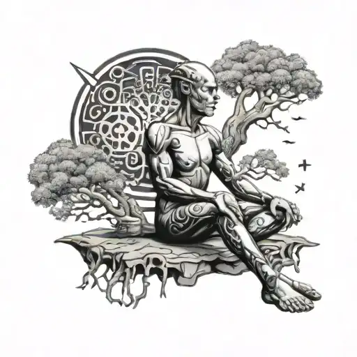 An Ai Cyborg Meditating Under A Tree With Alien Symbols Floating Around