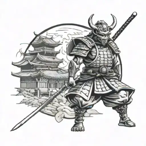 Japanese Building Background In Foreground A Japanese Samurai Wearing An Oni Mask