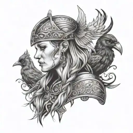 Viking Warrior Woman With Raven And Viking Ship