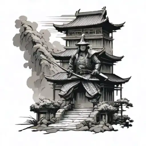 Japanese Building Background In Foreground A Japanese Samurai