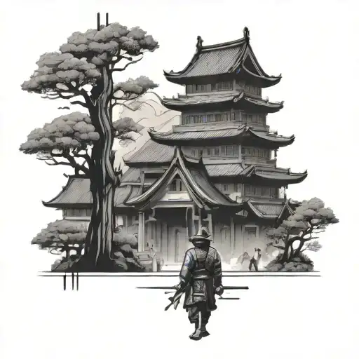 Japanese Building Background In Foreground A Japanese Samurai Detailed Line Work