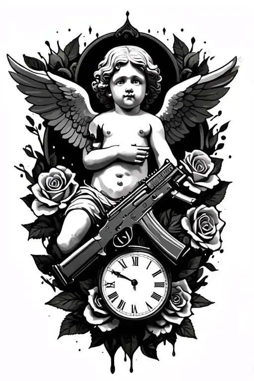 Cherub With Ak 47 And Roses And A Clock Melting