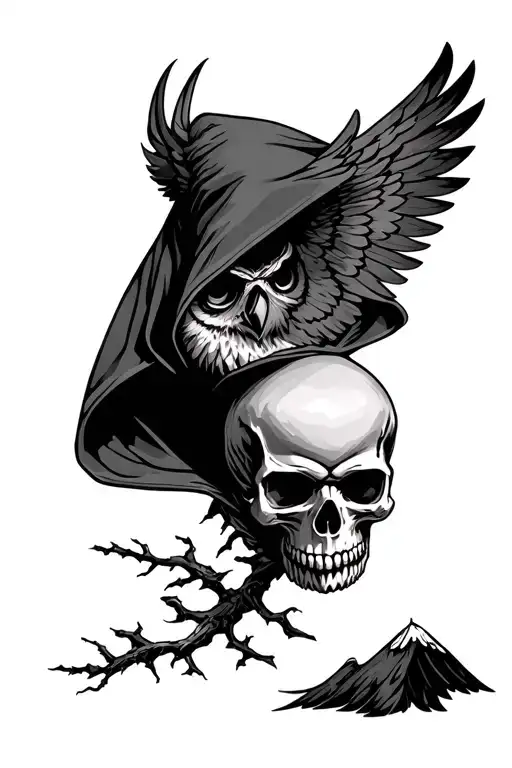 A Hooded Grim Medival Skull That Symbolise Collapse Of Corporation With Twin Peaks Owl Sign