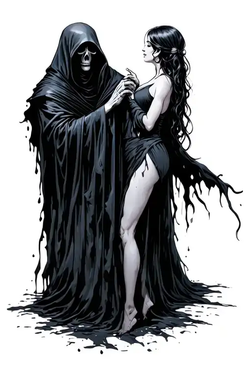 Faceless Grim Reaper In Long Black Tattered Cloak Holding A Dark Haired Woman