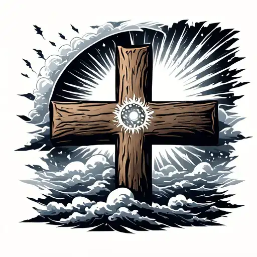 Wooden Cross With Clouds And Sun