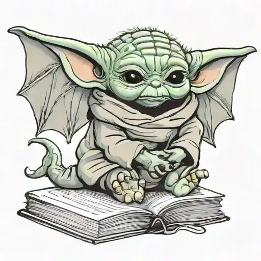 Baby Yoda Hugging A Baby Dragon Over A Book