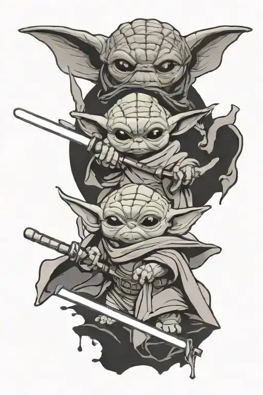 Baby Yoda And Baby Dragon Hovering Over A Light Saber And A Sword Crossed